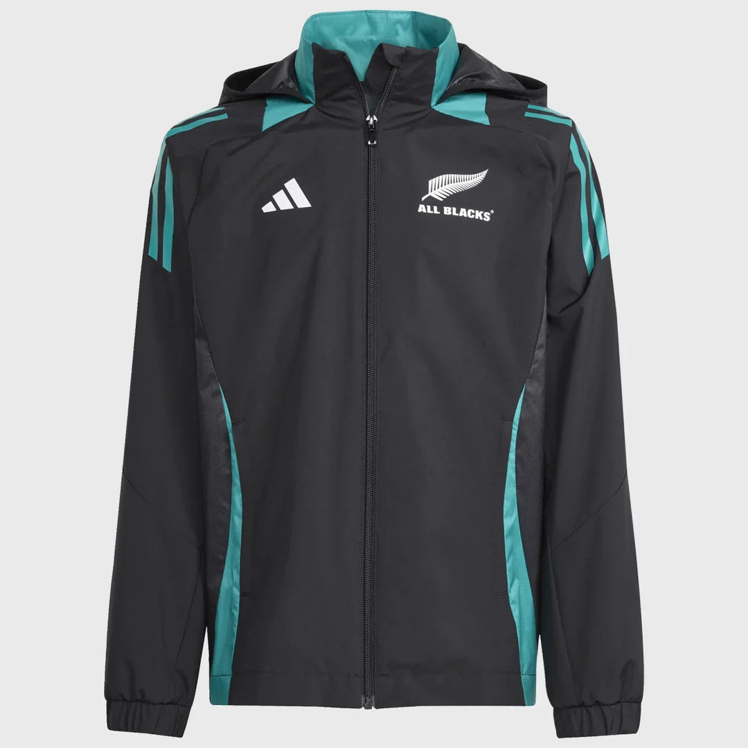 Adidas All Blacks Kid's All Weather Jacket Black/Pure Teal - Rugbystuff.com