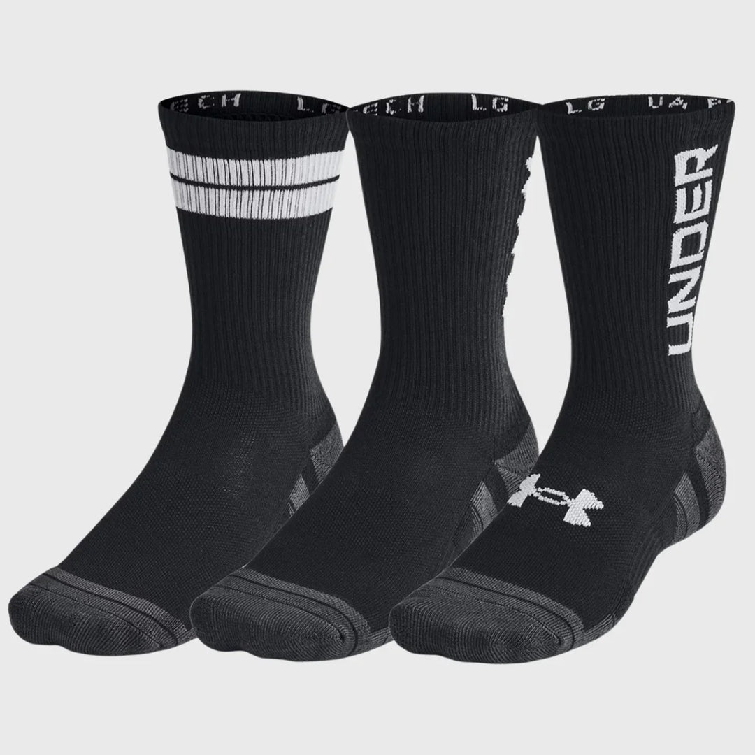Under Armour Performance Tech Crew Socks 3 Pack Black - Rugbystuff.com