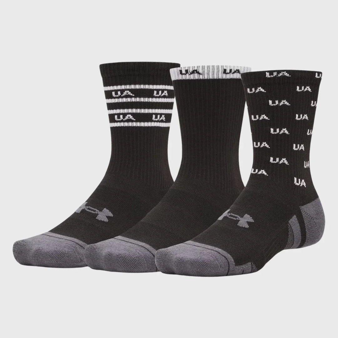 Under Armour Performance Tech Crew Socks 3 Pack Black UA Text Logo - Rugbystuff.com