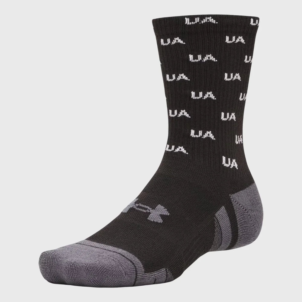 Under Armour Performance Tech Crew Socks 3 Pack Black UA Text Logo - Rugbystuff.com