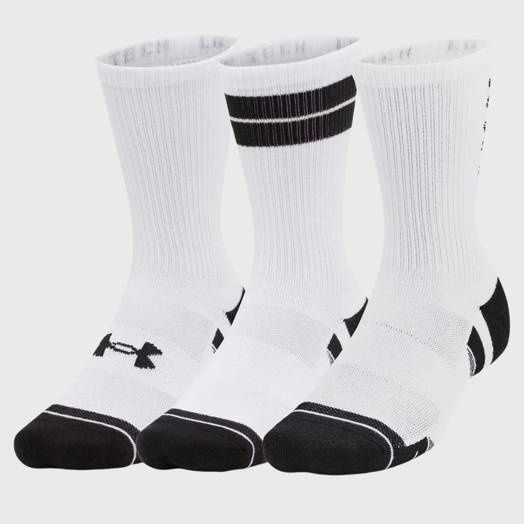 Under Armour Performance Tech Crew Socks 3 Pack White - Rugbystuff.com