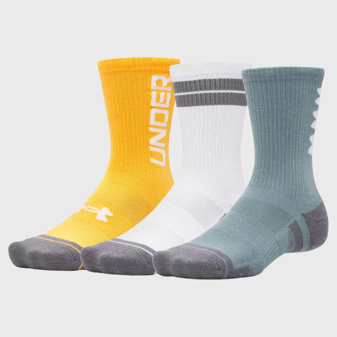 Under Armour Performance Tech Crew Socks 3 Pack White/Grey/Yellow - Rugbystuff.com
