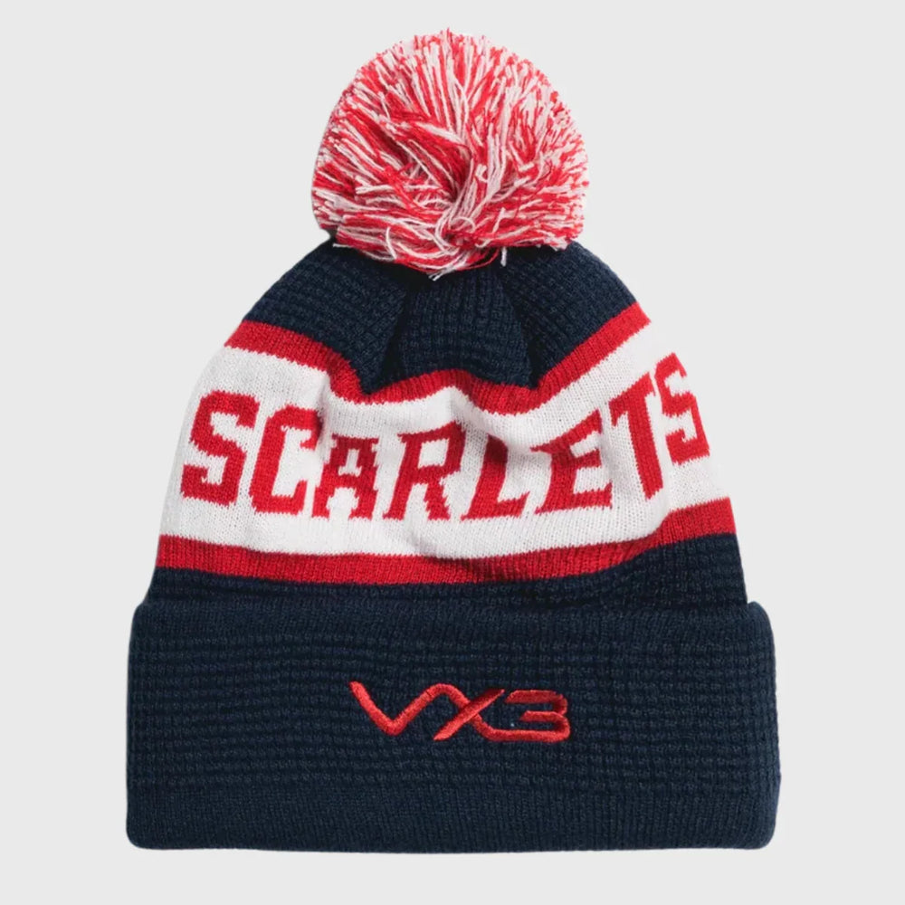 VX3 Scarlets Bobble Beanie Hat Navy/Red/White 2025/26 - Rugbystuff.com