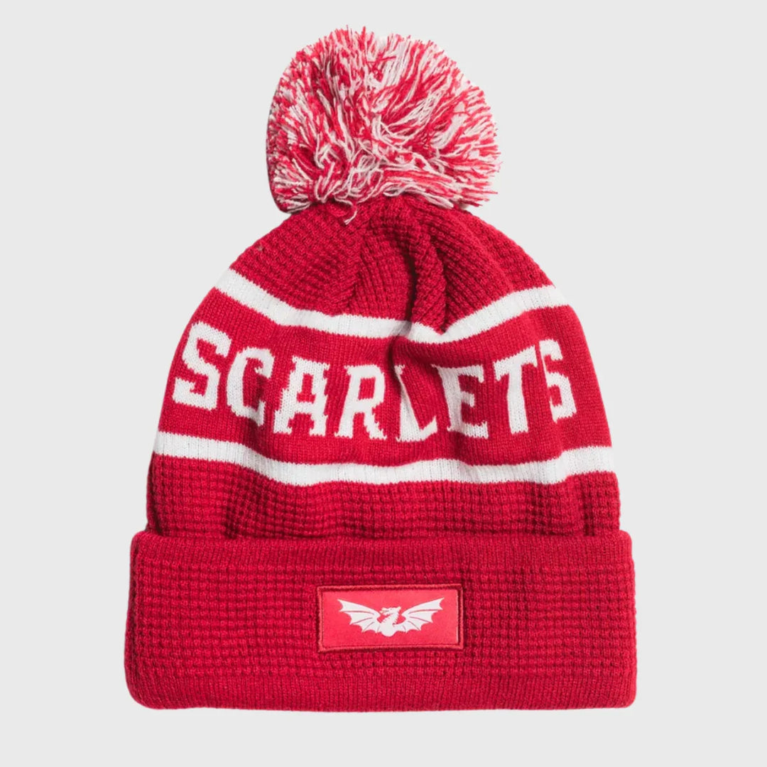 VX3 Scarlets Bobble Beanie Hat Red/White 2025/26 - Rugbystuff.com