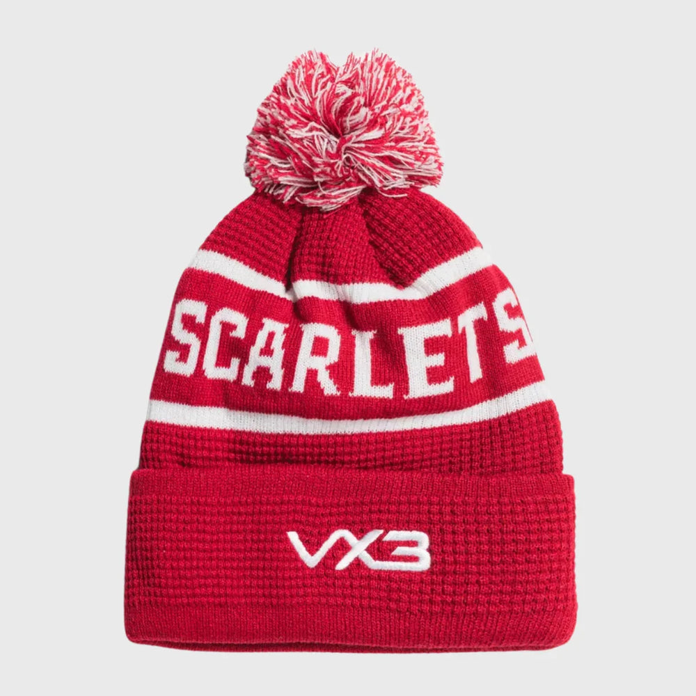 VX3 Scarlets Bobble Beanie Hat Red/White 2025/26 - Rugbystuff.com