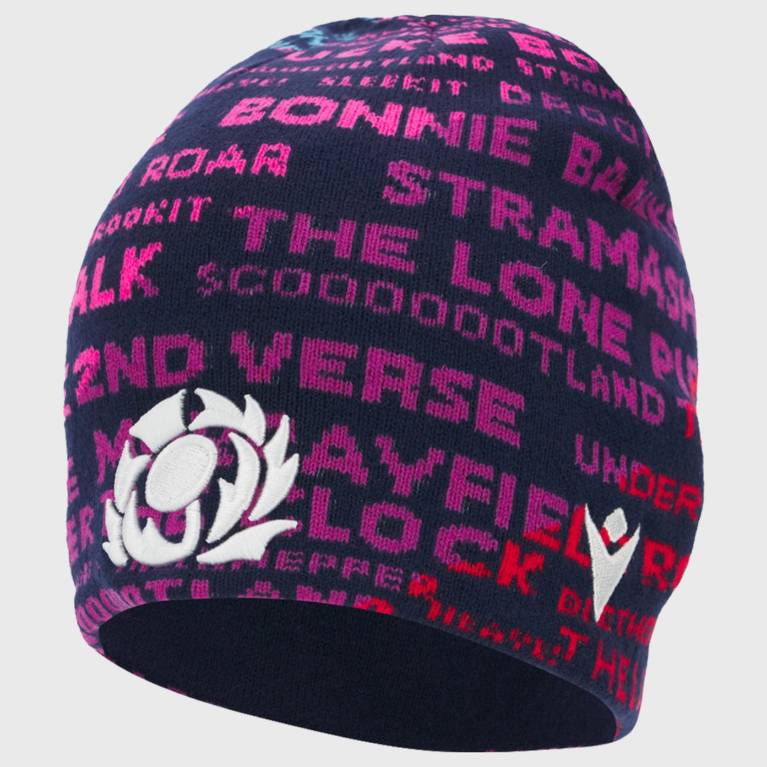 Macron Scotland Rugby Phrases Beanie Hat Navy 2025/26 - Rugbystuff.com