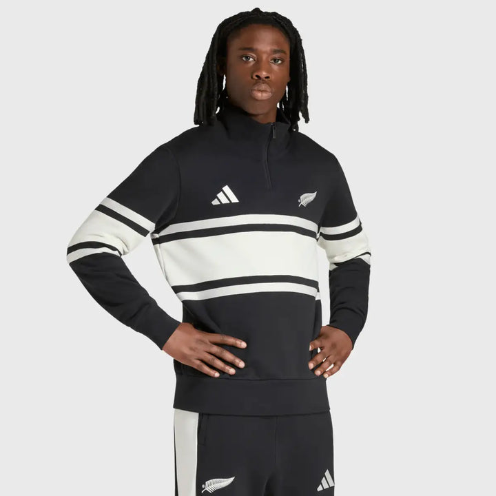 Adidas All Blacks 3 Stripe Leisure 1/4 Zip Black/White 2026/27 - Rugbystuff.com