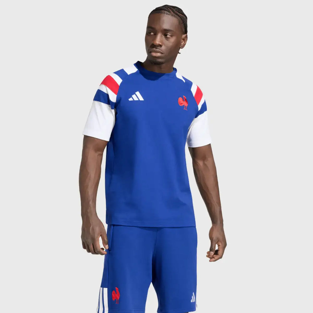 Adidas France Rugby 3 Stripe Travel Tee Mystery Ink Blue 2026/27 - Rugbystuff.com