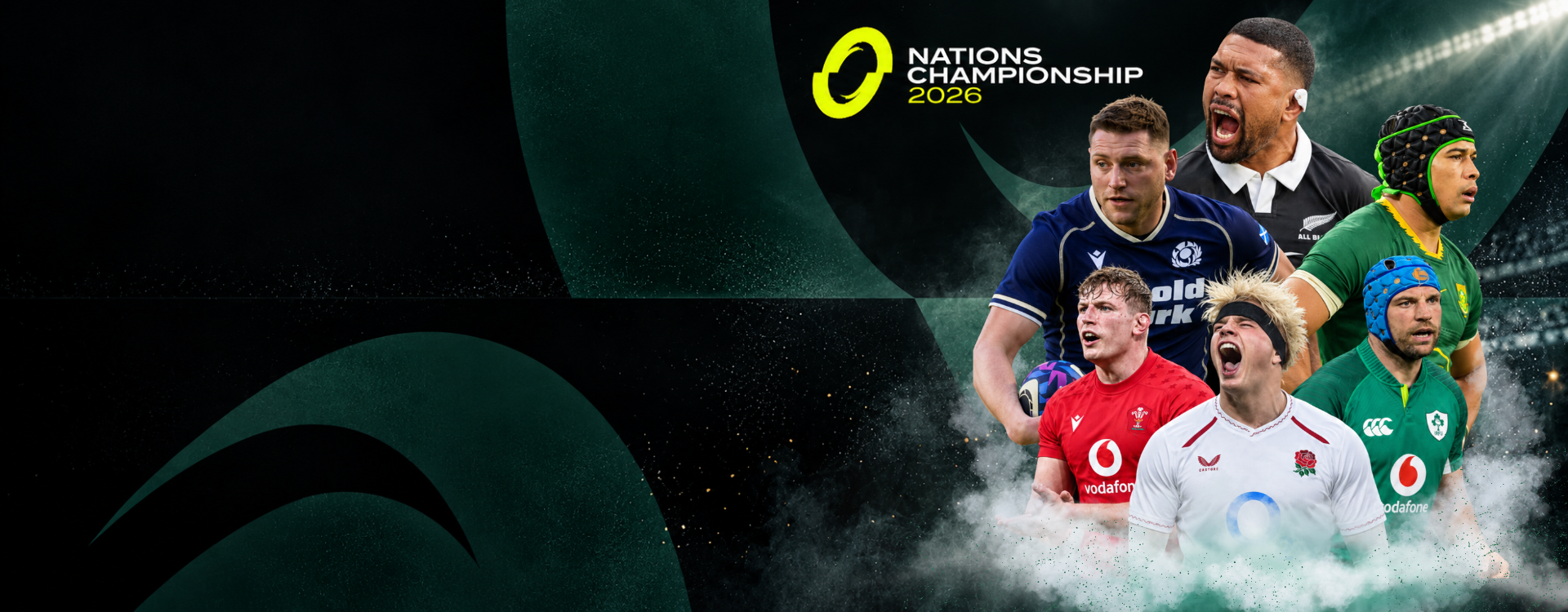 Promotional graphic for the Nations Championship 2025 rugby union, featuring multiple professional rugby players in team jerseys emerging from dramatic white smoke against a dark green and black background with the event logo at the top.