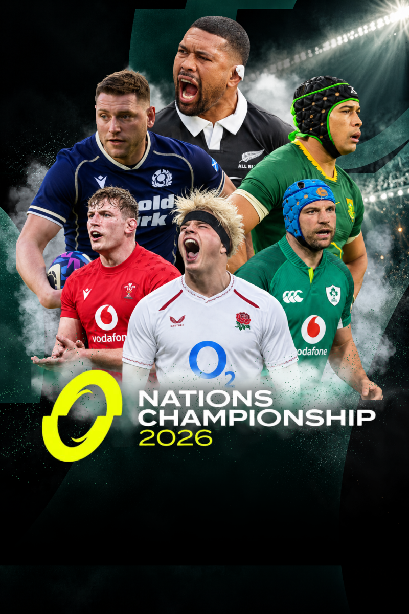 Promotional graphic for the Rugby Championship 2026, featuring multiple professional rugby players in team jerseys against a dark stadium background with smoke and bright light effects. Large text reads 'NATIONS CHAMPIONSHIP 2026' with a yellow rugby ball logo.