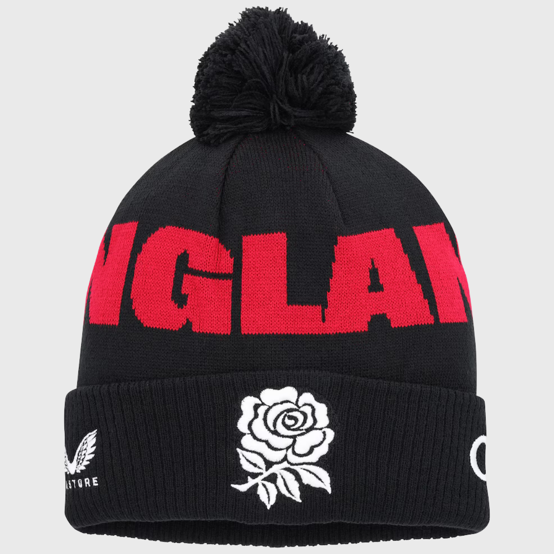 Castore England Rugby Text Bobble Beanie Hat Black/Persian Red 2026/27 - Rugbystuff.com