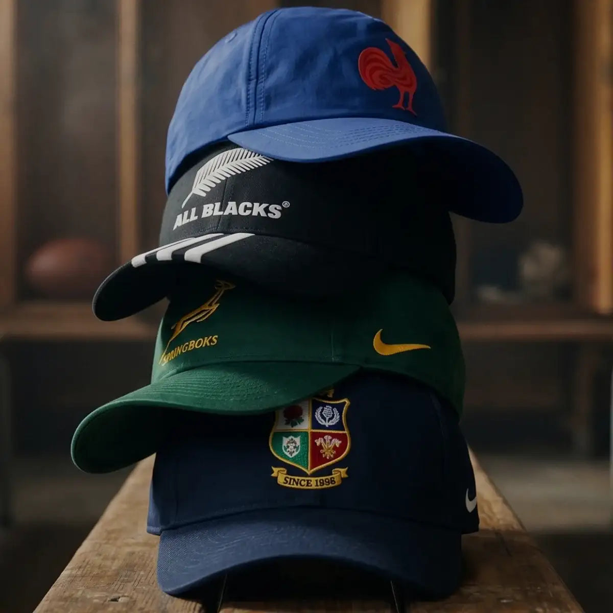 four caps with different designs and logos stacked on a wooden surface.