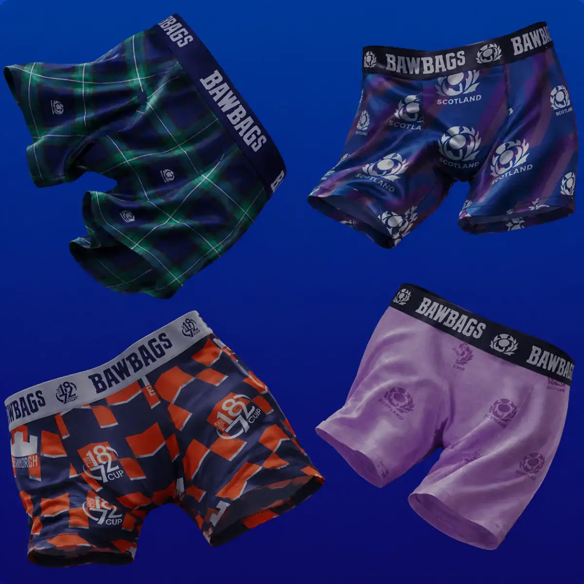 Four pairs of patterned boxer briefs on a blue background, featuring the brand 'Bawbags'.