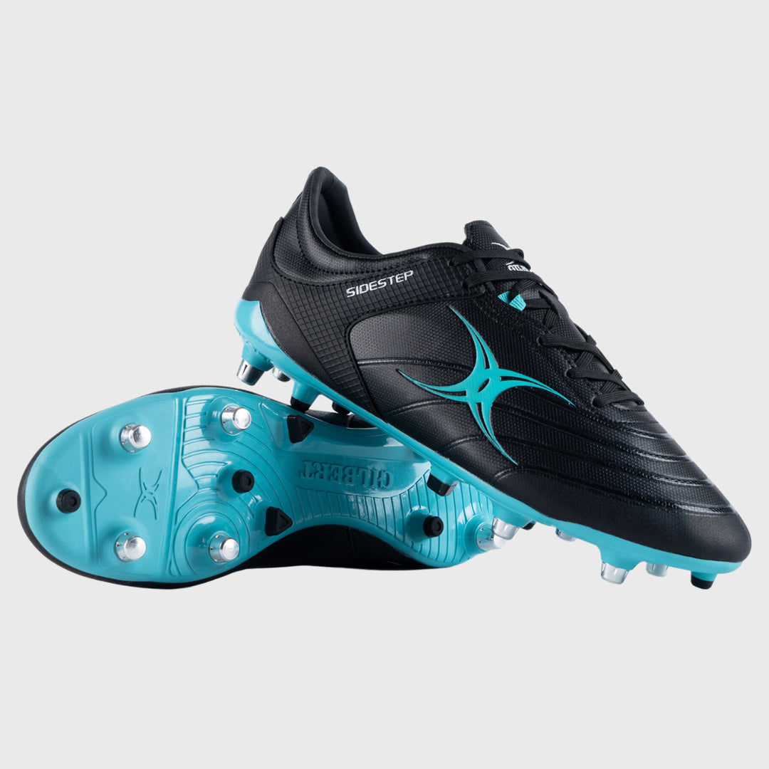 Gilbert Sidestep X15 6 Stud Rugby Boots Black/Aqua - Rugbystuff.com