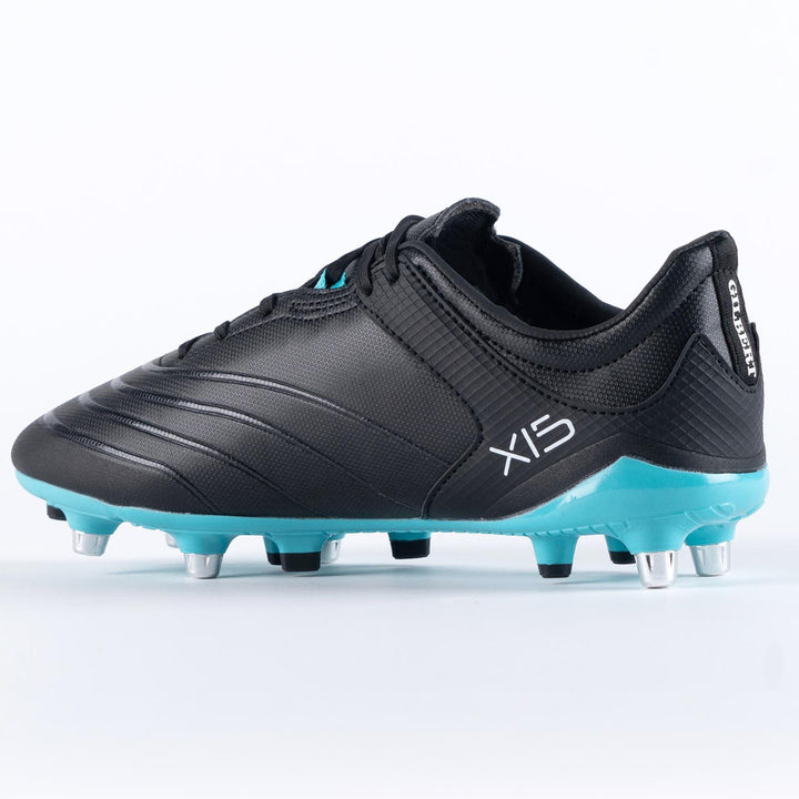 Gilbert Sidestep X15 6 Stud Rugby Boots Black/Aqua - Rugbystuff.com