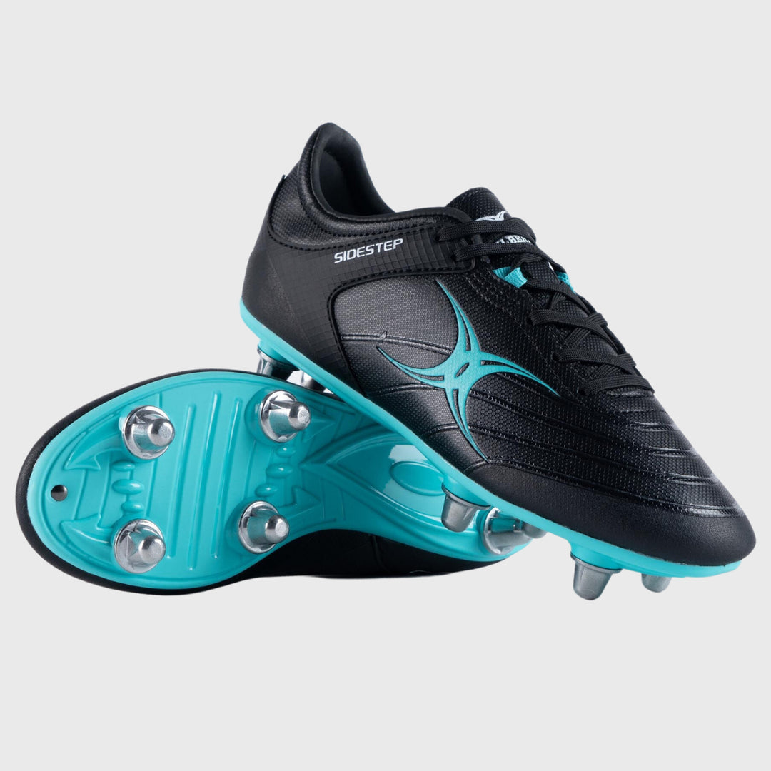 Gilbert Sidestep X15 Junior 6 Stud Rugby Boots Black/Aqua - Rugbystuff.com