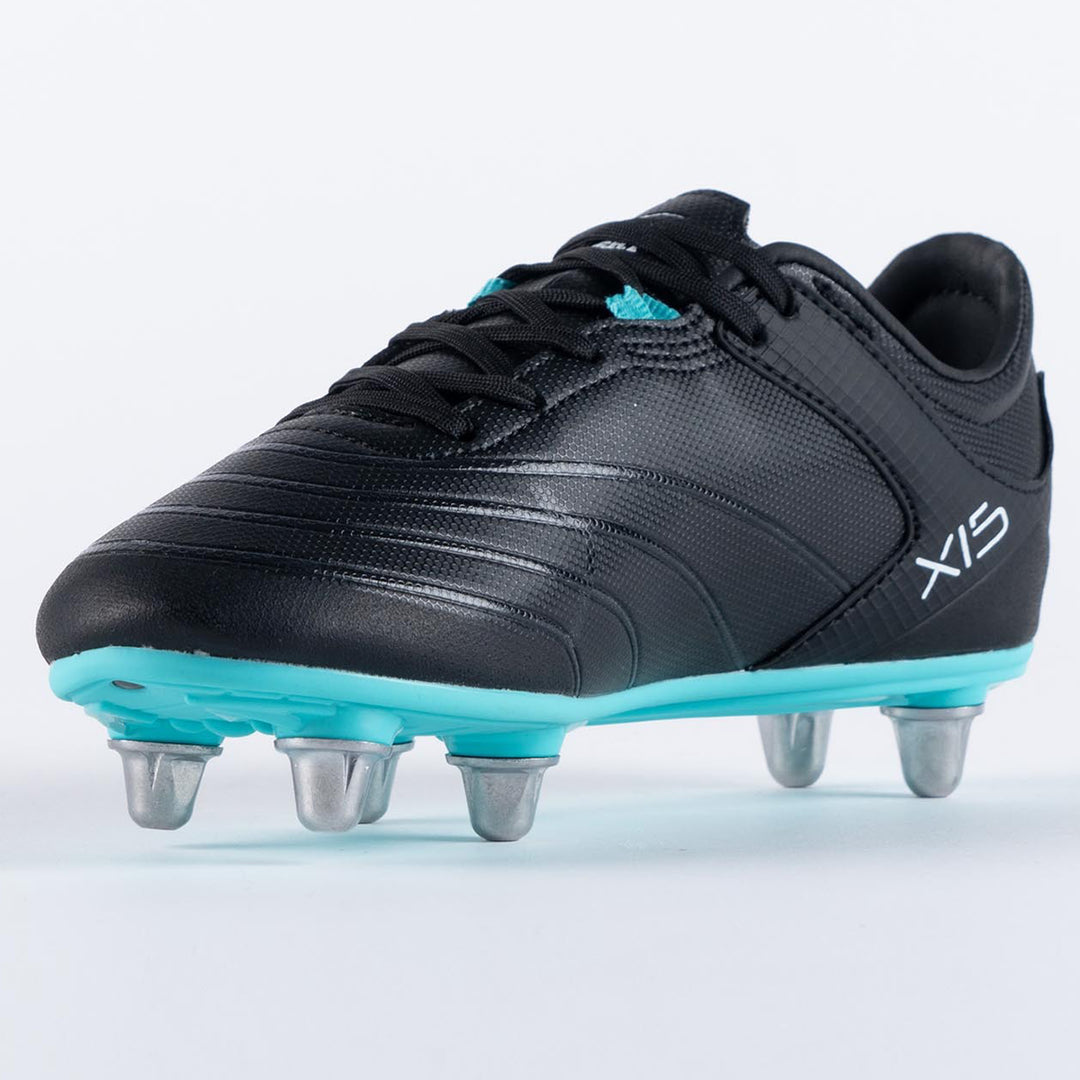 Gilbert Sidestep X15 Junior 6 Stud Rugby Boots Black/Aqua - Rugbystuff.com