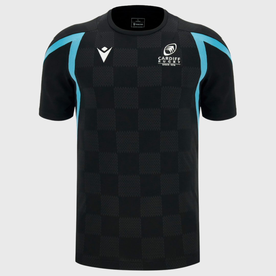Macron Cardiff Rugby Poly Tee Black/Sky 2026/27