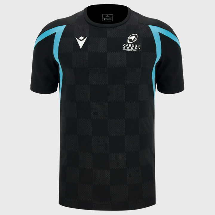 Macron Cardiff Rugby Poly Tee Black/Sky 2026/27