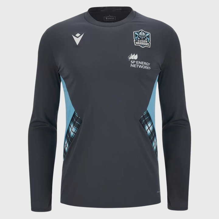 Macron Glasgow Warriors Rugby Long Sleeve Poly Tee Anthracite/Tartan - Rugbystuff.com
