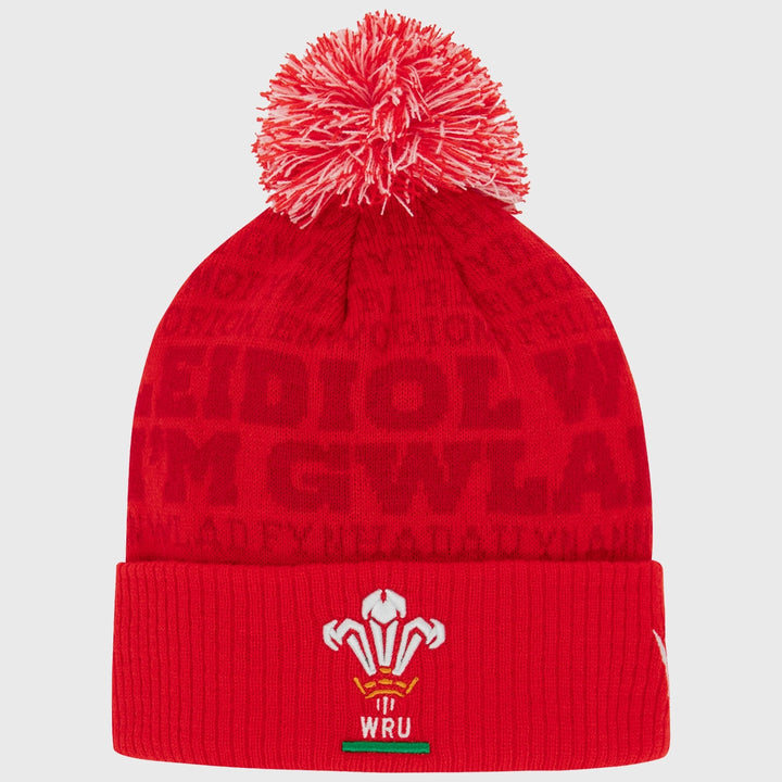 Macron Wales Rugby Pleidiol Wyf I'm Gwlad Bobble Beanie Hat Red - Rugbystuff.com