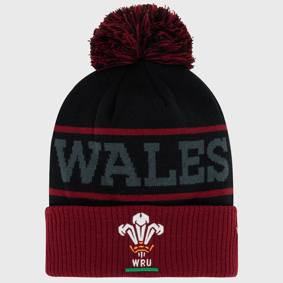 Macron Wales Cymru Rugby Text Bobble Beanie Hat Black/Red - Rugbystuff.com