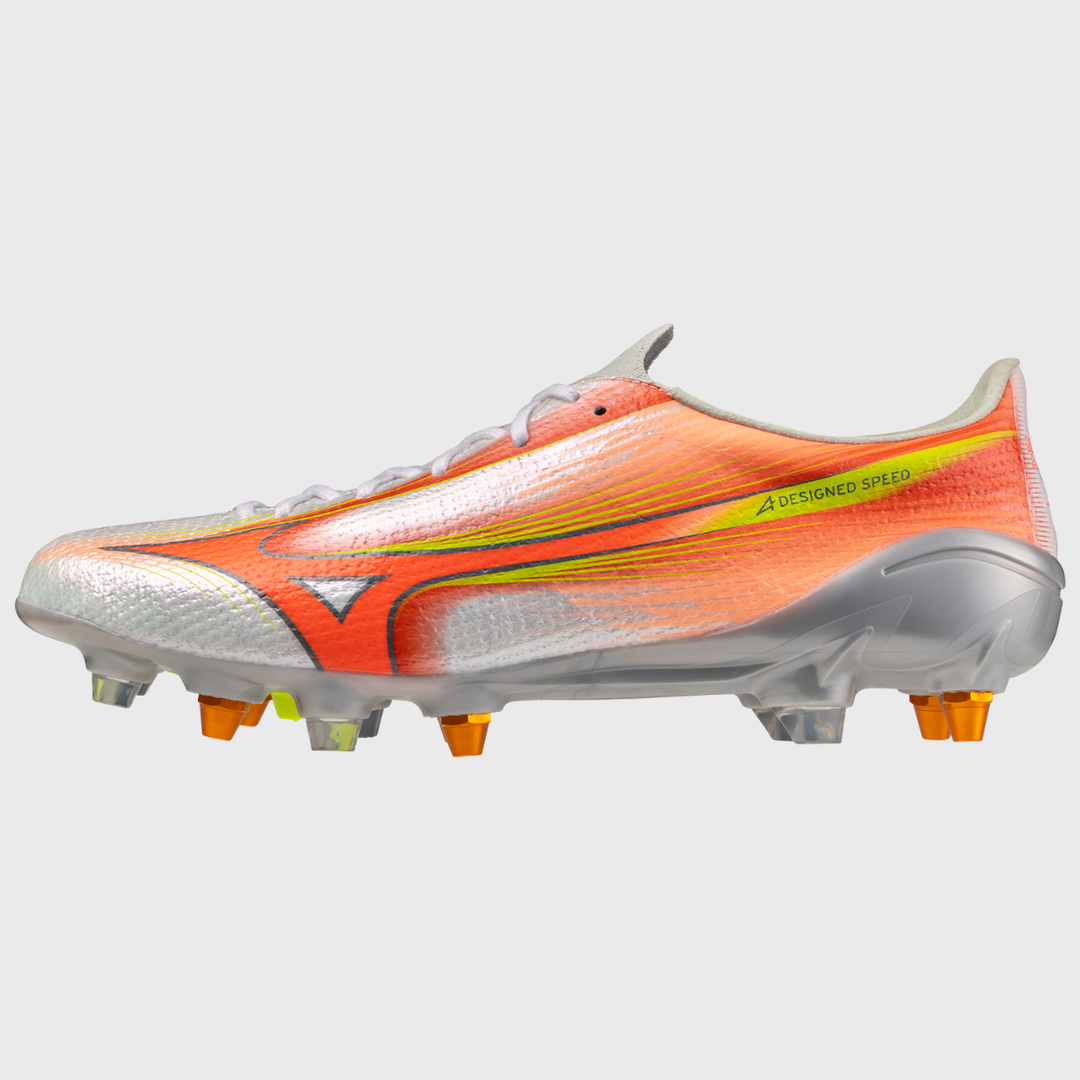 Mizuno α Alpha III Elite Mix Rugby Boots White/Lava Orange/Evening Primrose - Rugbystuff.com