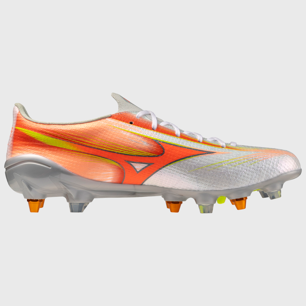 Mizuno α Alpha III Elite Mix Rugby Boots White/Lava Orange/Evening Primrose - Rugbystuff.com