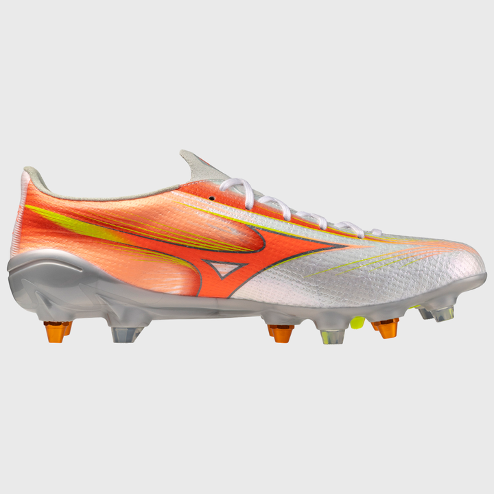 Mizuno α Alpha III Elite Mix Rugby Boots White/Lava Orange/Evening Primrose - Rugbystuff.com