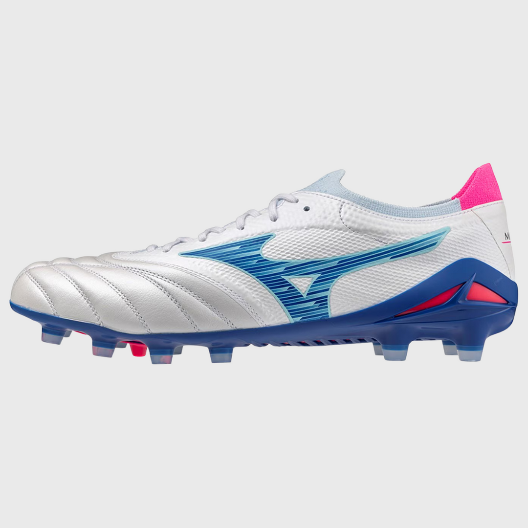Mizuno Morelia Neo IV Beta Elite MD Rugby Boots White/Blue/Pink - Rugbystuff.com