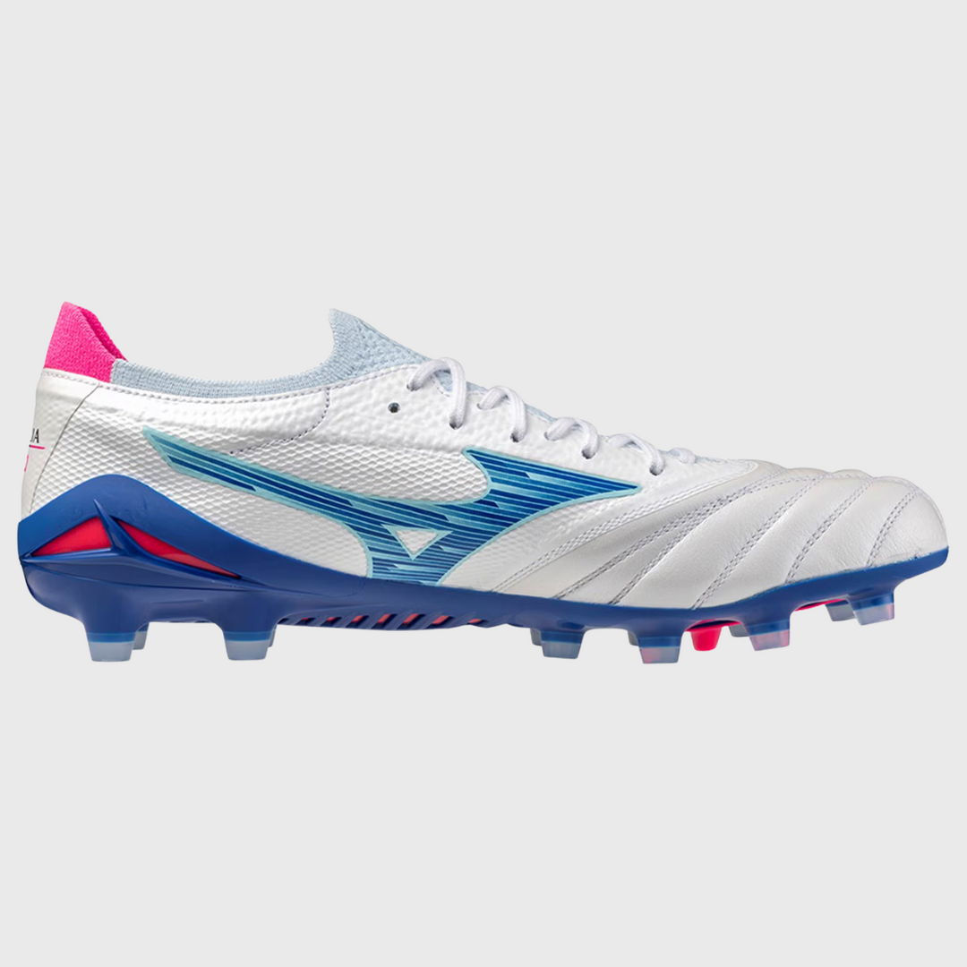 Mizuno Morelia Neo IV Beta Elite MD Rugby Boots White/Blue/Pink - Rugbystuff.com