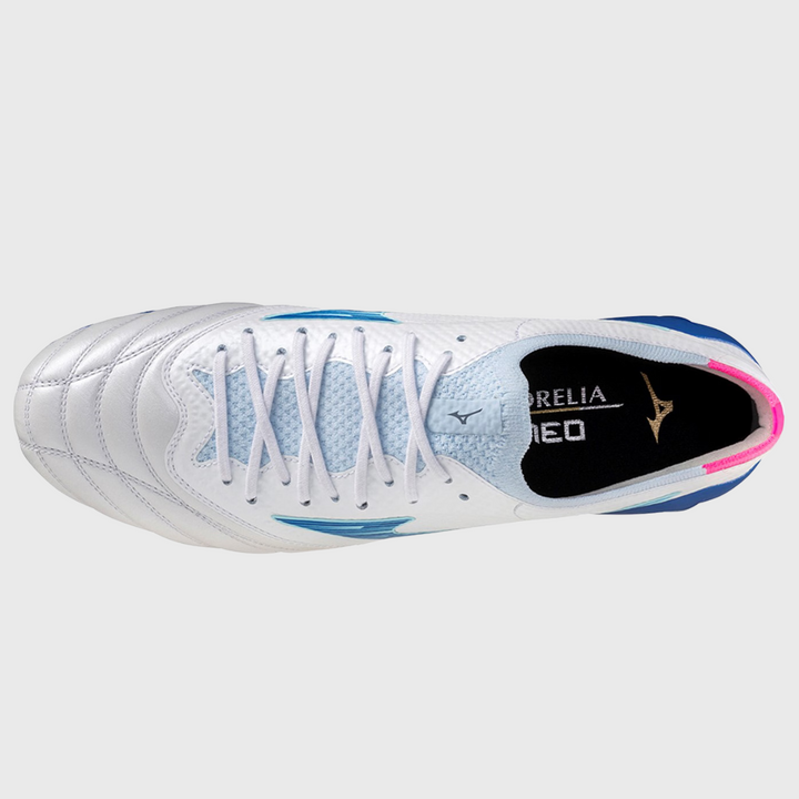 Mizuno Morelia Neo IV Beta Elite MD Rugby Boots White/Blue/Pink - Rugbystuff.com