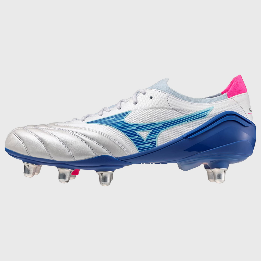 Mizuno Morelia Neo IV Beta Elite SI Rugby Boots White/Blue/Pink - Rugbystuff.com