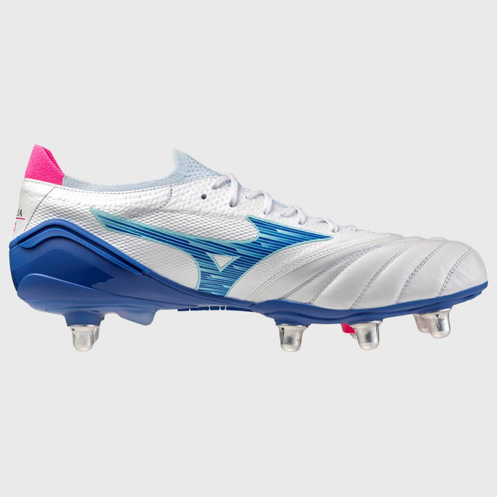 Mizuno Morelia Neo IV Beta Elite SI Rugby Boots White/Blue/Pink - Rugbystuff.com
