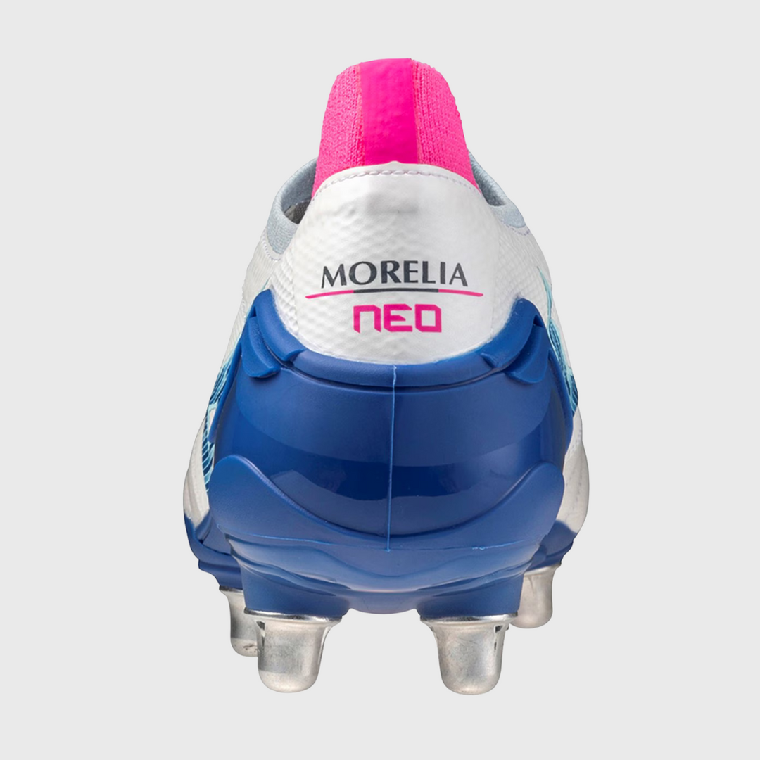 Mizuno Morelia Neo IV Beta Elite SI Rugby Boots White/Blue/Pink - Rugbystuff.com