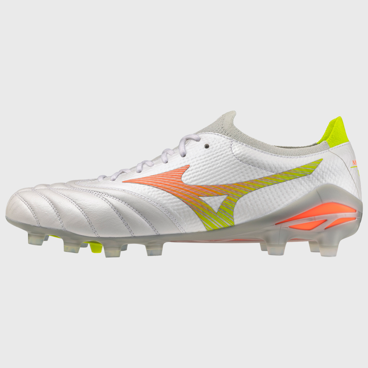 Mizuno Morelia Neo V Beta Elite MD Rugby Boots White/Lava Orange/Evening Primrose - Rugbystuff.com