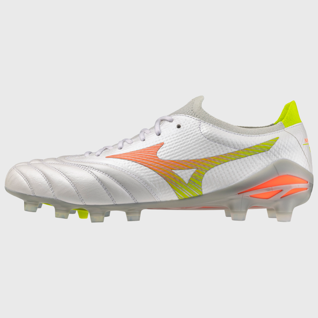 Mizuno Morelia Neo V Beta Elite MD Rugby Boots White/Lava Orange/Evening Primrose - Rugbystuff.com