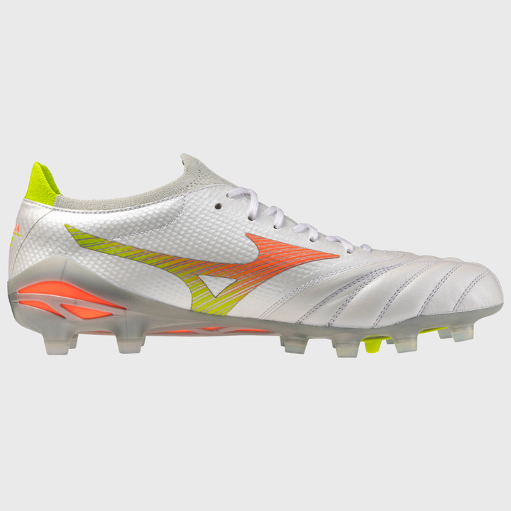 Mizuno Morelia Neo V Beta Elite MD Rugby Boots White/Lava Orange/Evening Primrose - Rugbystuff.com