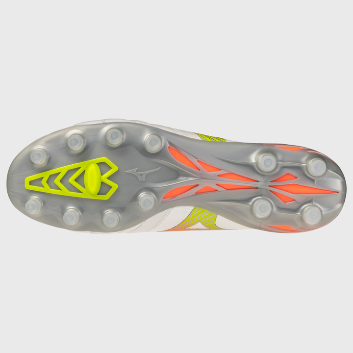 Mizuno Morelia Neo V Beta Elite MD Rugby Boots White/Lava Orange/Evening Primrose - Rugbystuff.com