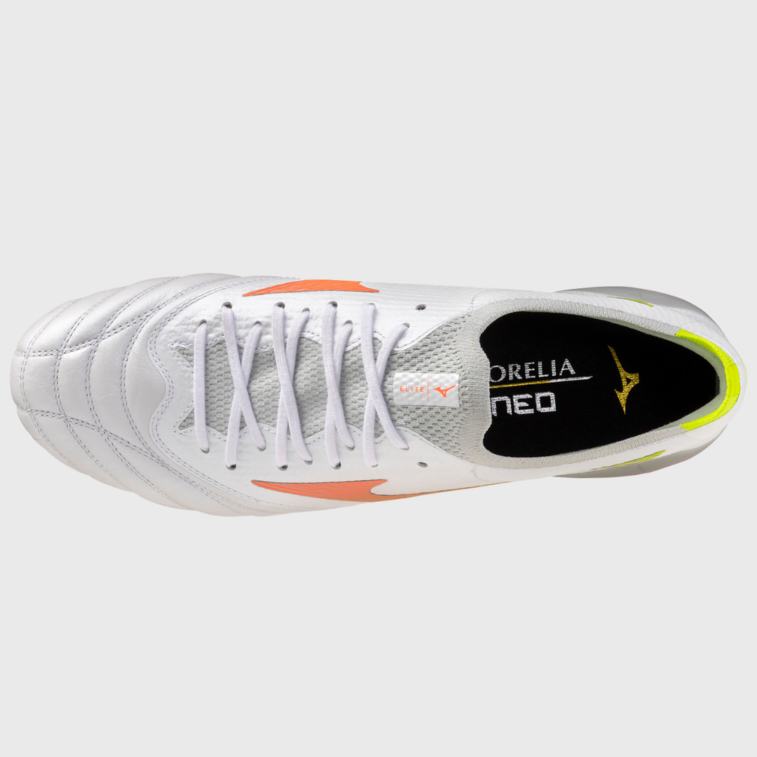 Mizuno Morelia Neo V Beta Elite MD Rugby Boots White/Lava Orange/Evening Primrose - Rugbystuff.com