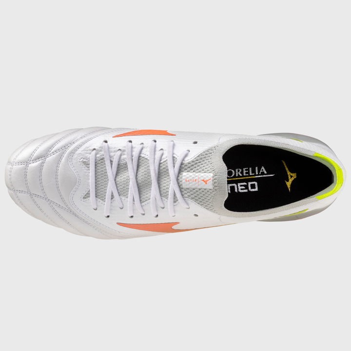 Mizuno Morelia Neo V Beta Elite MD Rugby Boots White/Lava Orange/Evening Primrose - Rugbystuff.com