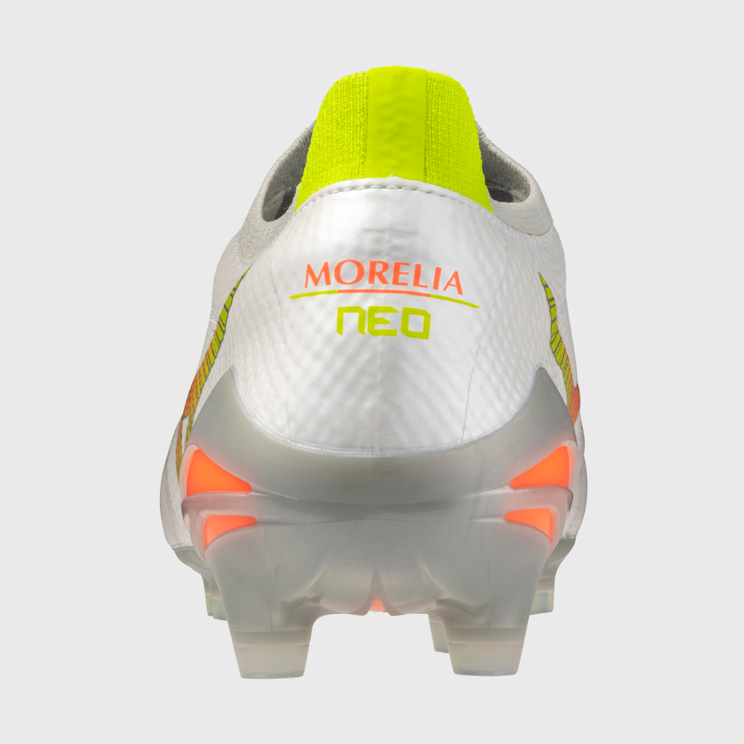 Mizuno Morelia Neo V Beta Elite MD Rugby Boots White/Lava Orange/Evening Primrose - Rugbystuff.com