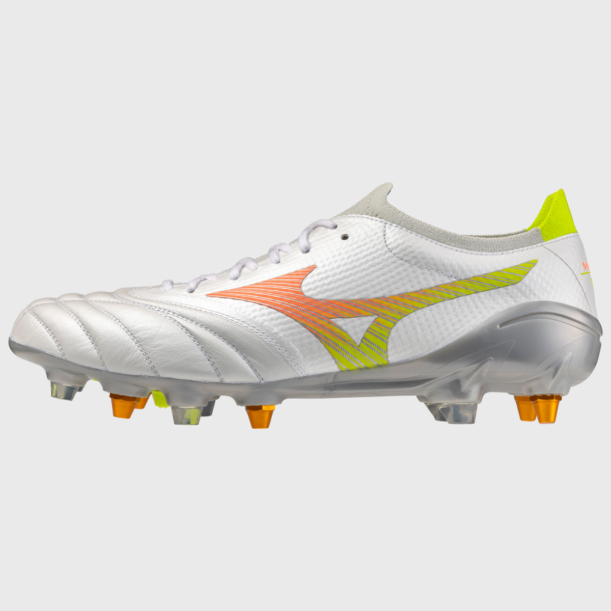 Mizuno Morelia Neo V Beta Elite Mix Rugby Boots White/Lava Orange/Evening Primrose - Rugbystuff.com