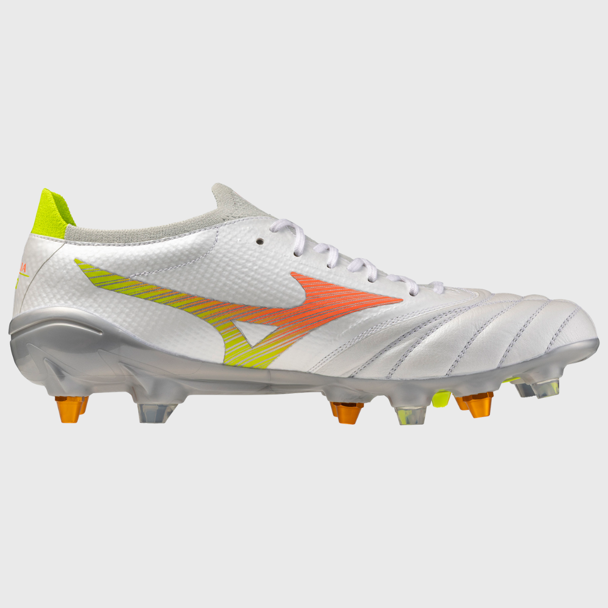 Mizuno Morelia Neo V Beta Elite Mix Rugby Boots White/Lava Orange/Evening Primrose - Rugbystuff.com