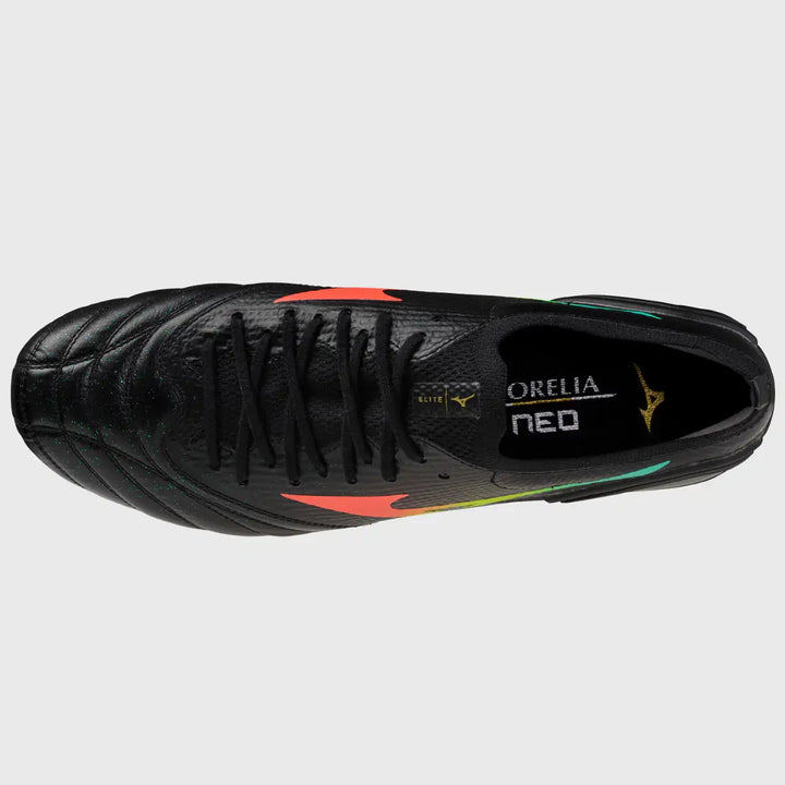 Mizuno Morelia Neo V Beta Elite SI Rugby Boots Black/Lava Orange/Evening Primrose - Rugbystuff.com