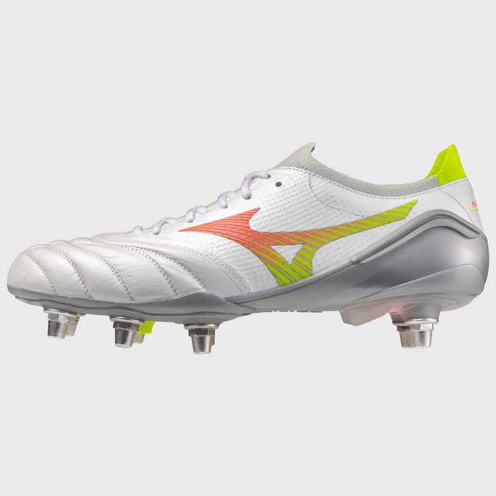 Mizuno Morelia Neo V Beta Elite SI Rugby Boots White/Lava Orange/Evening Primrose - Rugbystuff.com