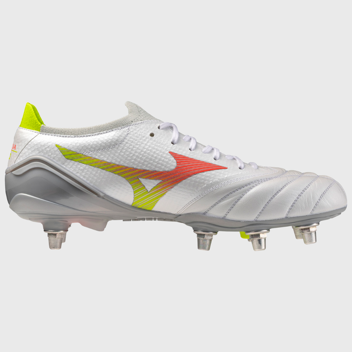 Mizuno Morelia Neo V Beta Elite SI Rugby Boots White/Lava Orange/Evening Primrose - Rugbystuff.com