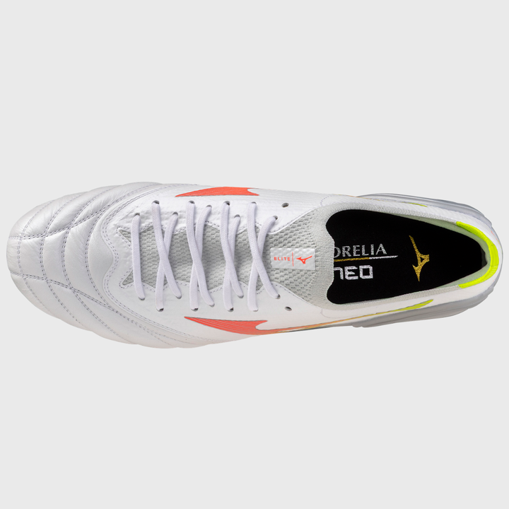 Mizuno Morelia Neo V Beta Elite SI Rugby Boots White/Lava Orange/Evening Primrose - Rugbystuff.com