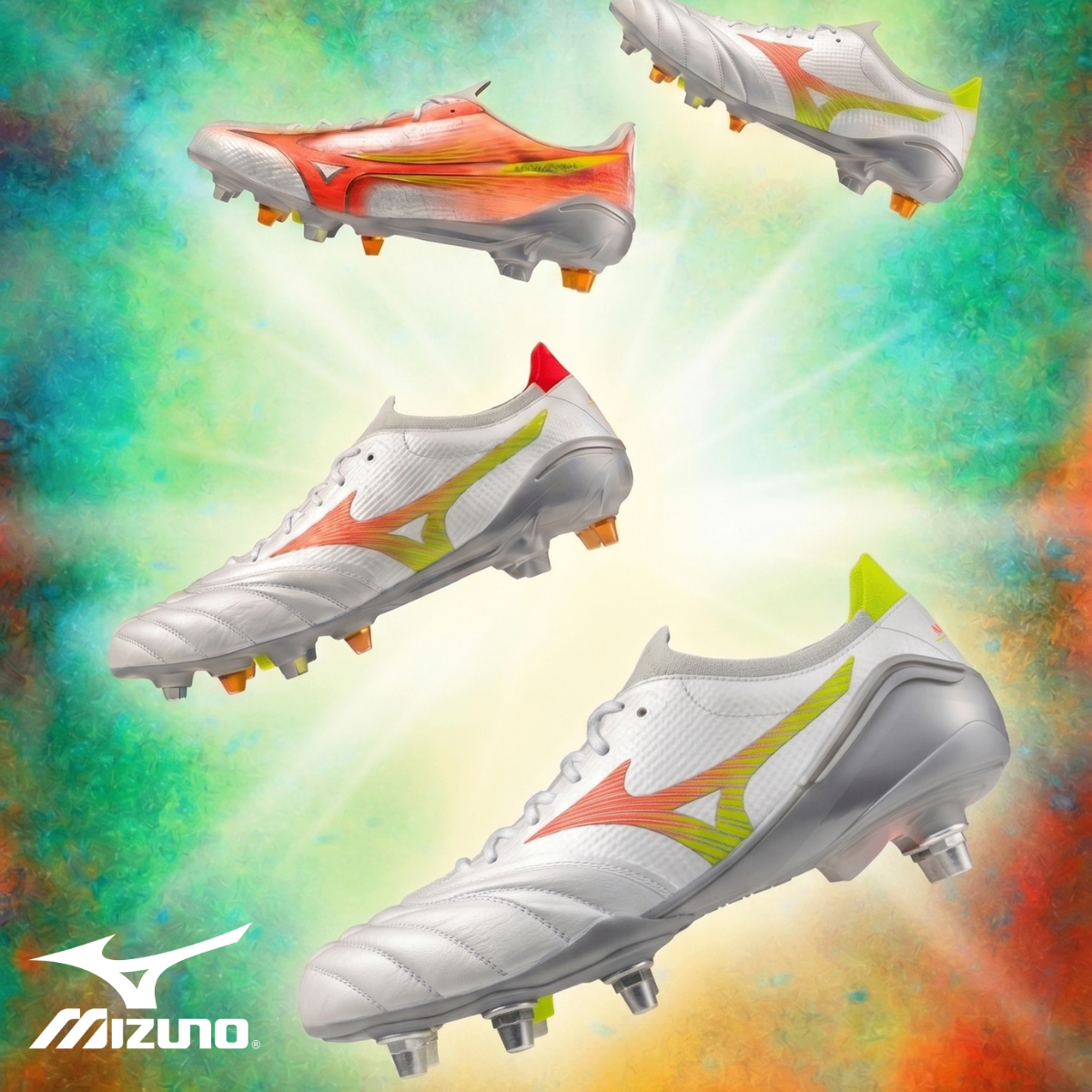 Four views of Mizuno BOOTS in white with orange, yellow, and green accents, set against a colorful abstract background with a Mizuno logo in the bottom left corner.