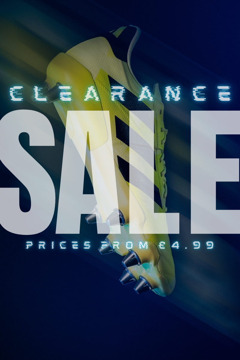 Clearance rugby sale advertisement with a yellow shoe on a dark blue background